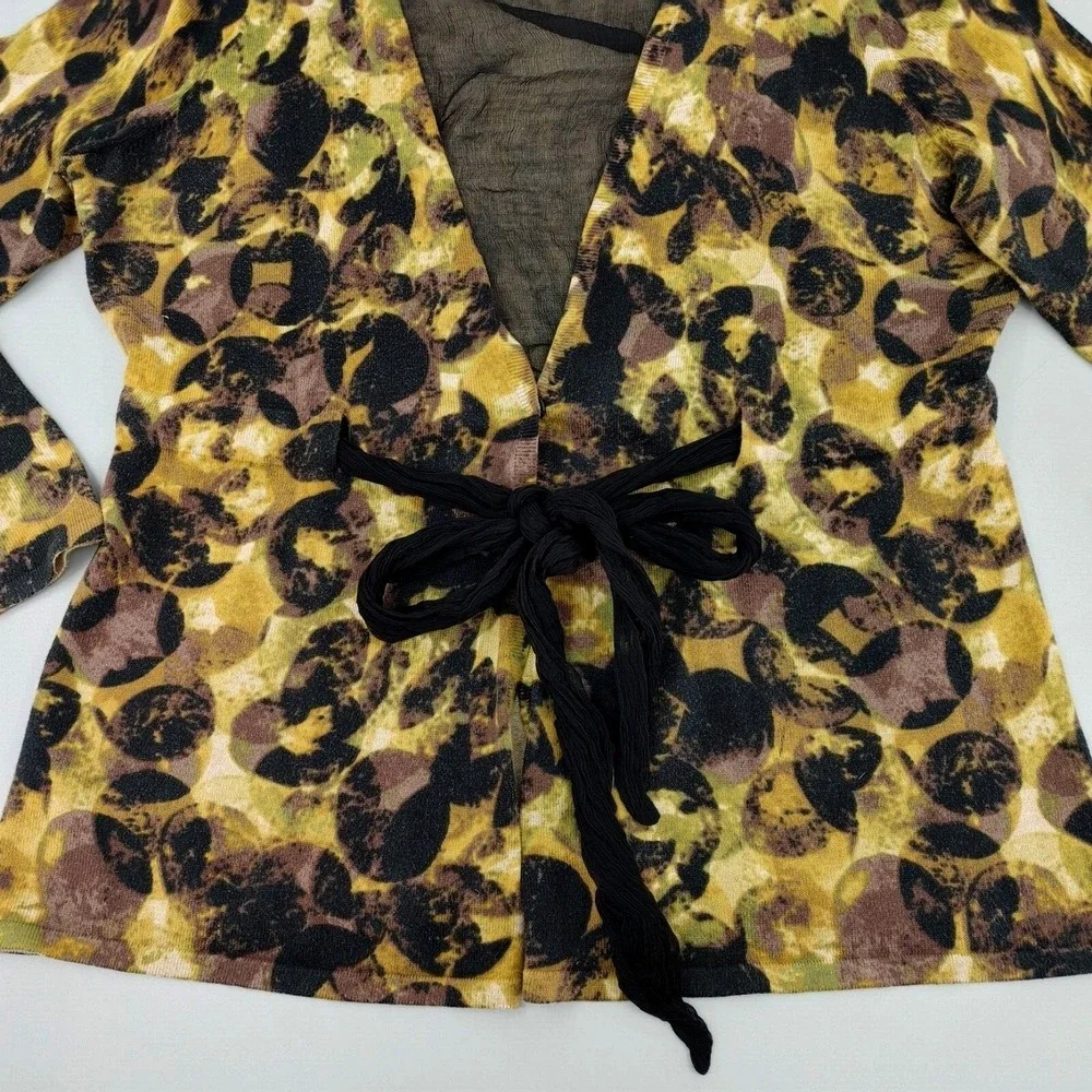 Womens XL Cardigan Tie Front Mustard Black Animal‎ Print Soft Eclectic Artsy